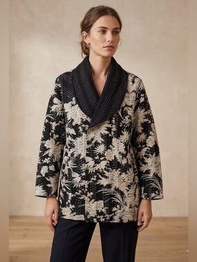 New Quilted Kantha Jacket Black & Cream OSFM